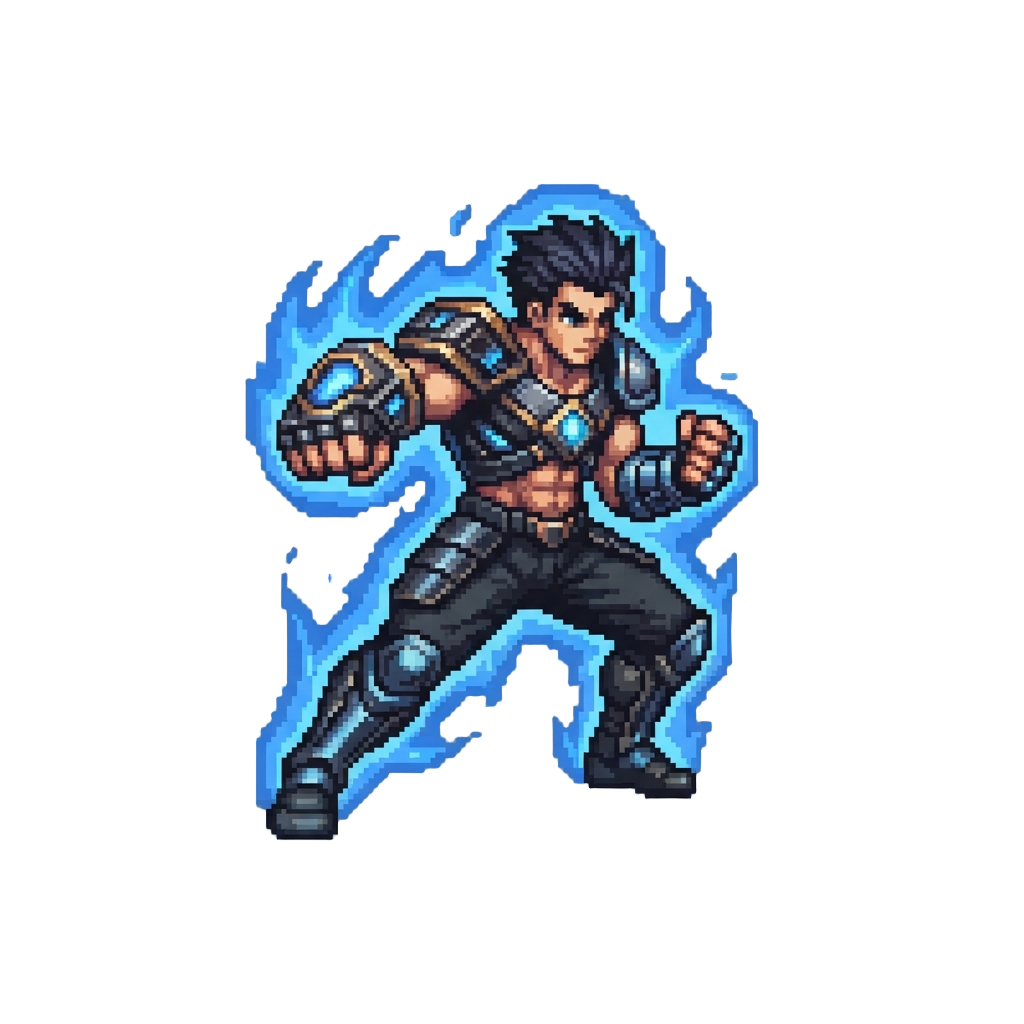 A Muscular Martial Artist Wrapped in Blue Plasma Aura Executing a Combined Strike Using Hybrid Gear of @image1 and @image2