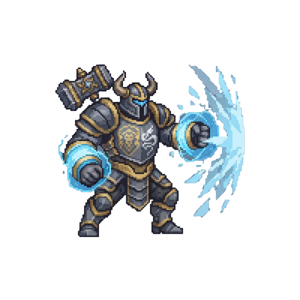 A Towering Armored Brute with Glowing Power Cuffs Unleashing Kinetic Shockwaves and Hybrid Crest Design of @image1 and @image2