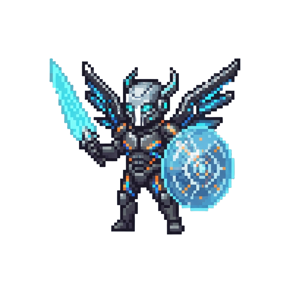 A Neon Cybernetic Archangel with Holographic Blades and Dual Energy Shields Reflecting Hybrid Suit Accents From @image1 and @image2