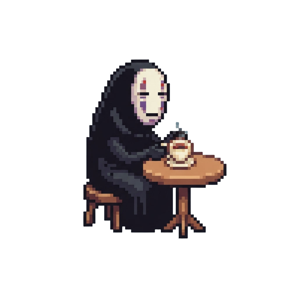 No-face Sitting Quietly at a Tea Table Holding a Teacup