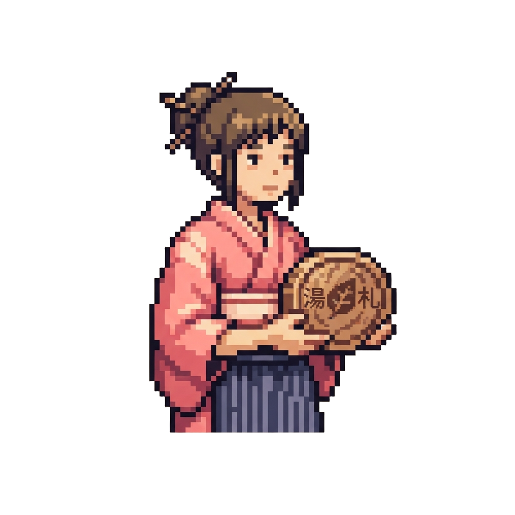 Chihiro in Pink Work Kimono Holding a Herbal Bath Token