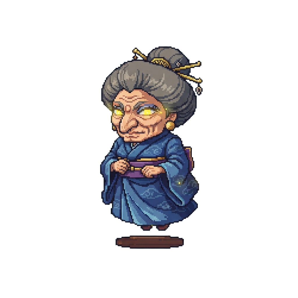 Yubaba with Glowing Yellow Eyes Floating in a Bathhouse Office Robe