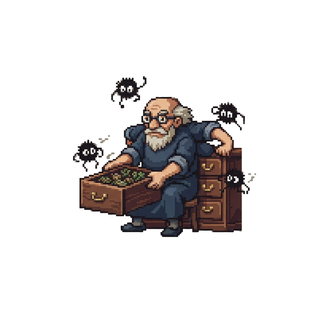 Kamaji Pulling Drawers of Bath Herbs with Flying Soot Sprites Around