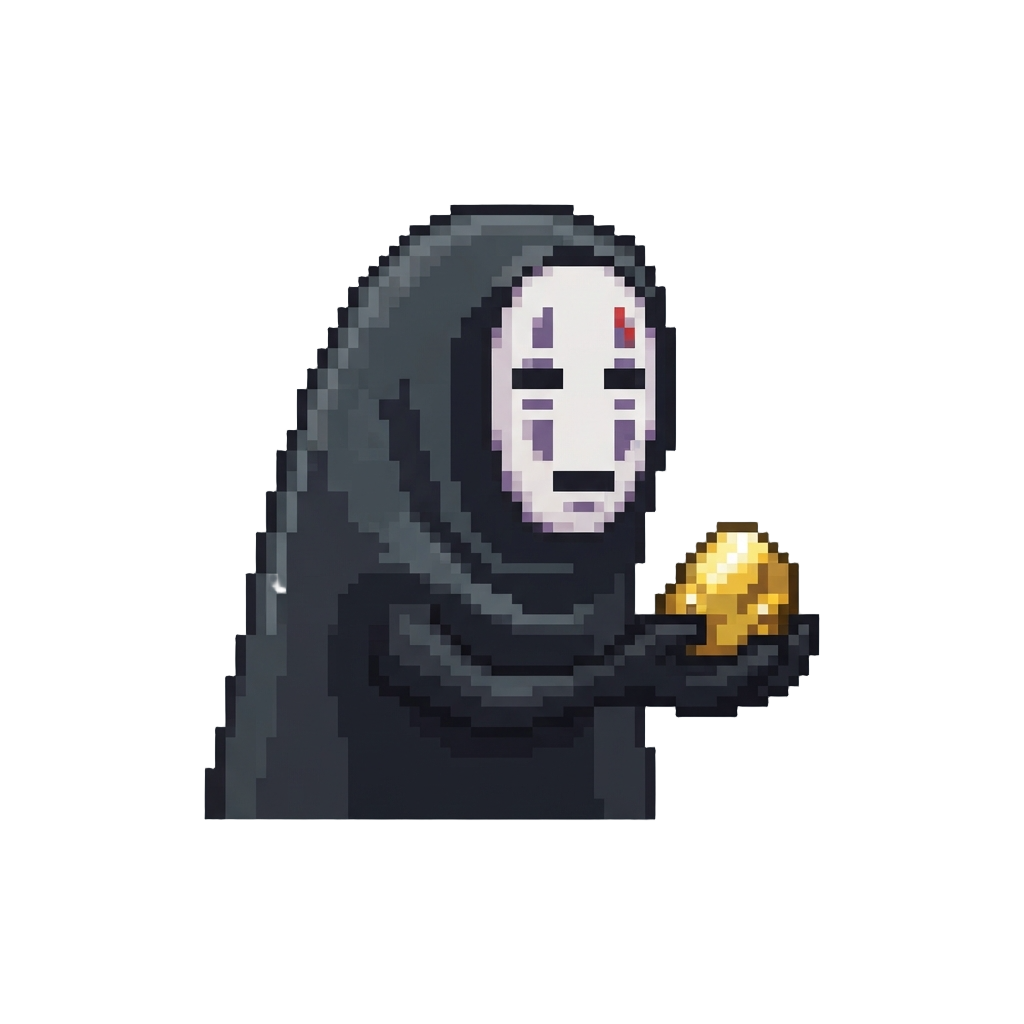 No-face in Translucent Black Cowl Holding Out a Glistening Golden Nugget