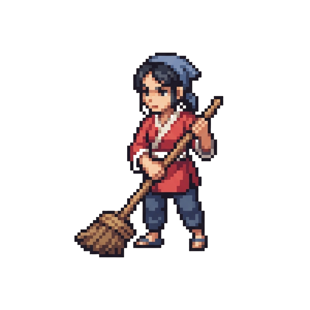 Lin in Red Bathhouse Tunic Holding a Wooden Scrubbing Broom