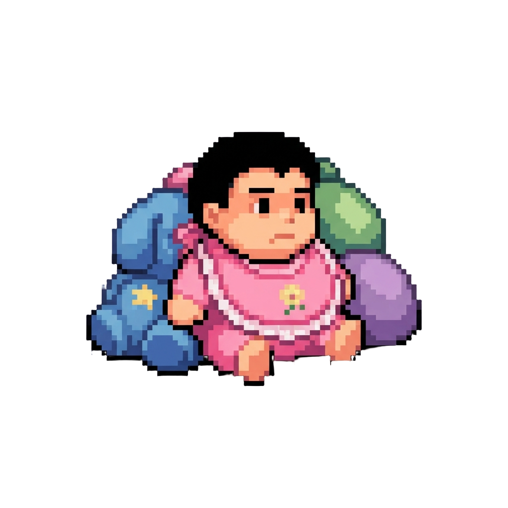 Boh in a Giant Pink Baby Bib Sitting Among Oversized Plush Toys