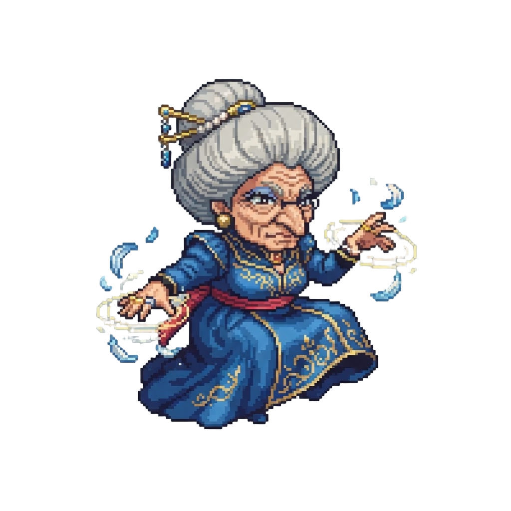 Yubaba in Ornate Blue Gown with Glowing Magic Rings and Flying Feathers