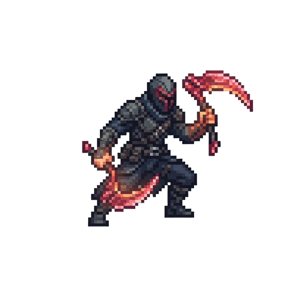 A Crimson-bladed Shadow Assassin with Glowing Energy Scythes
