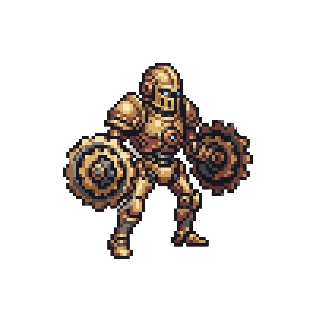 A Clockwork Brass Automaton Knight with Spinning Gear Shields