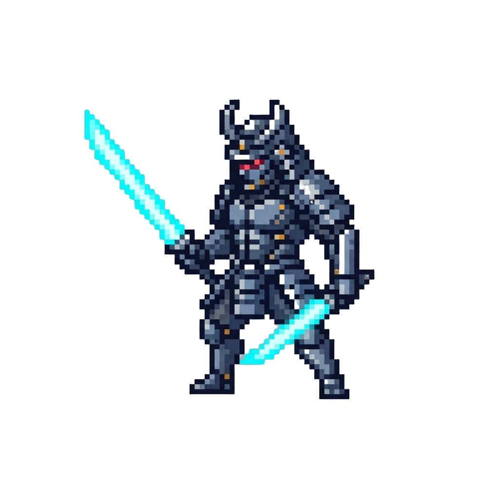 A Sleek Titanium Cyber-samurai Form with Glowing Energy Blades