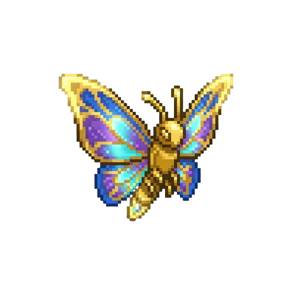 A Pristine Gilded Butterfly Deity with Glowing Iridescent Wings