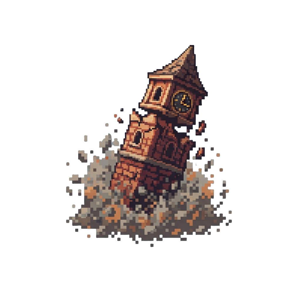 A Brick Clocktower Collapsing in a Cloud of Debris