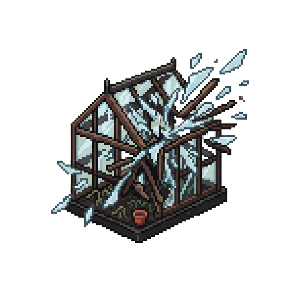 A Miniature Glass Greenhouse Shattering Into Pieces