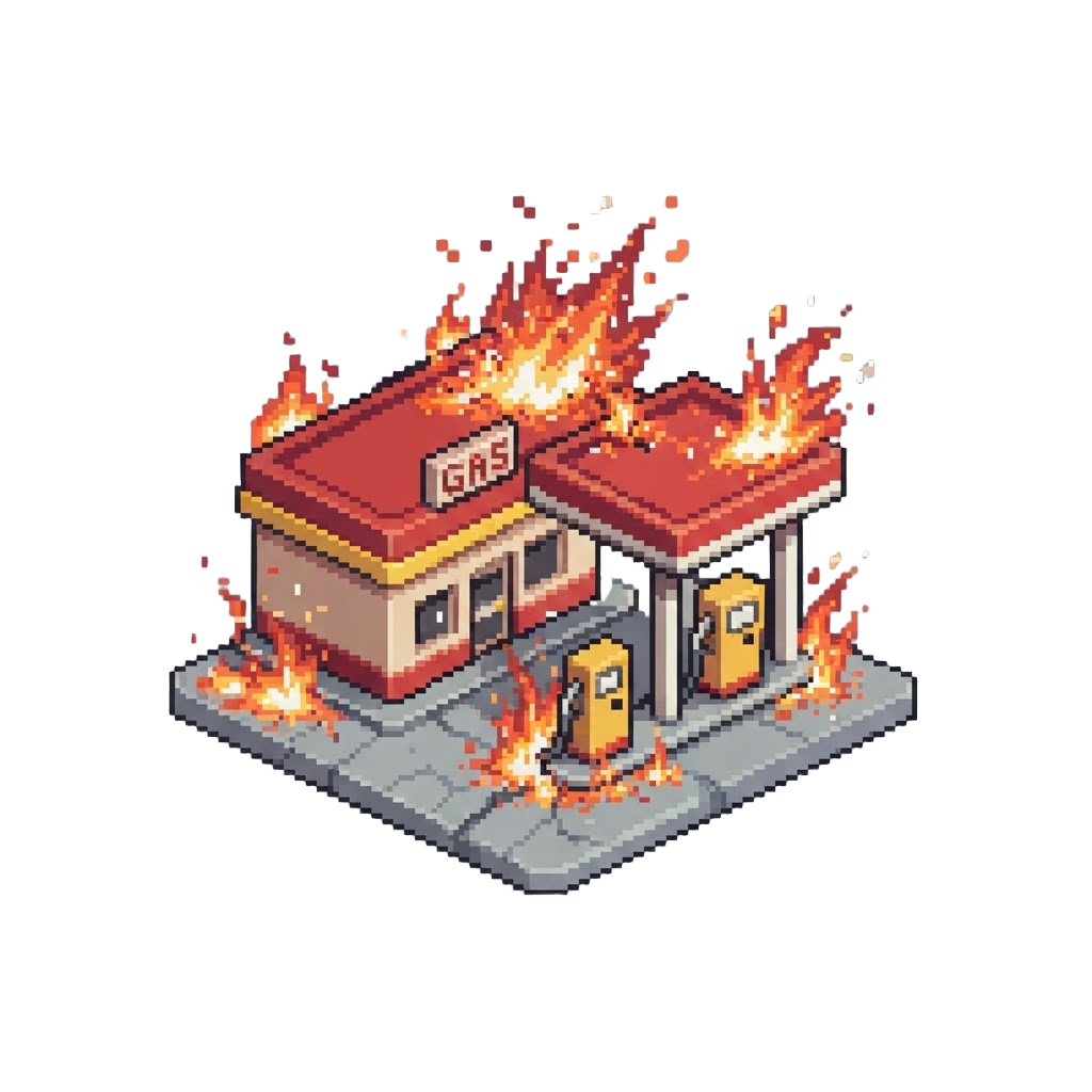 A Miniature Toy Gas Station with Dramatic Fiery Sparks