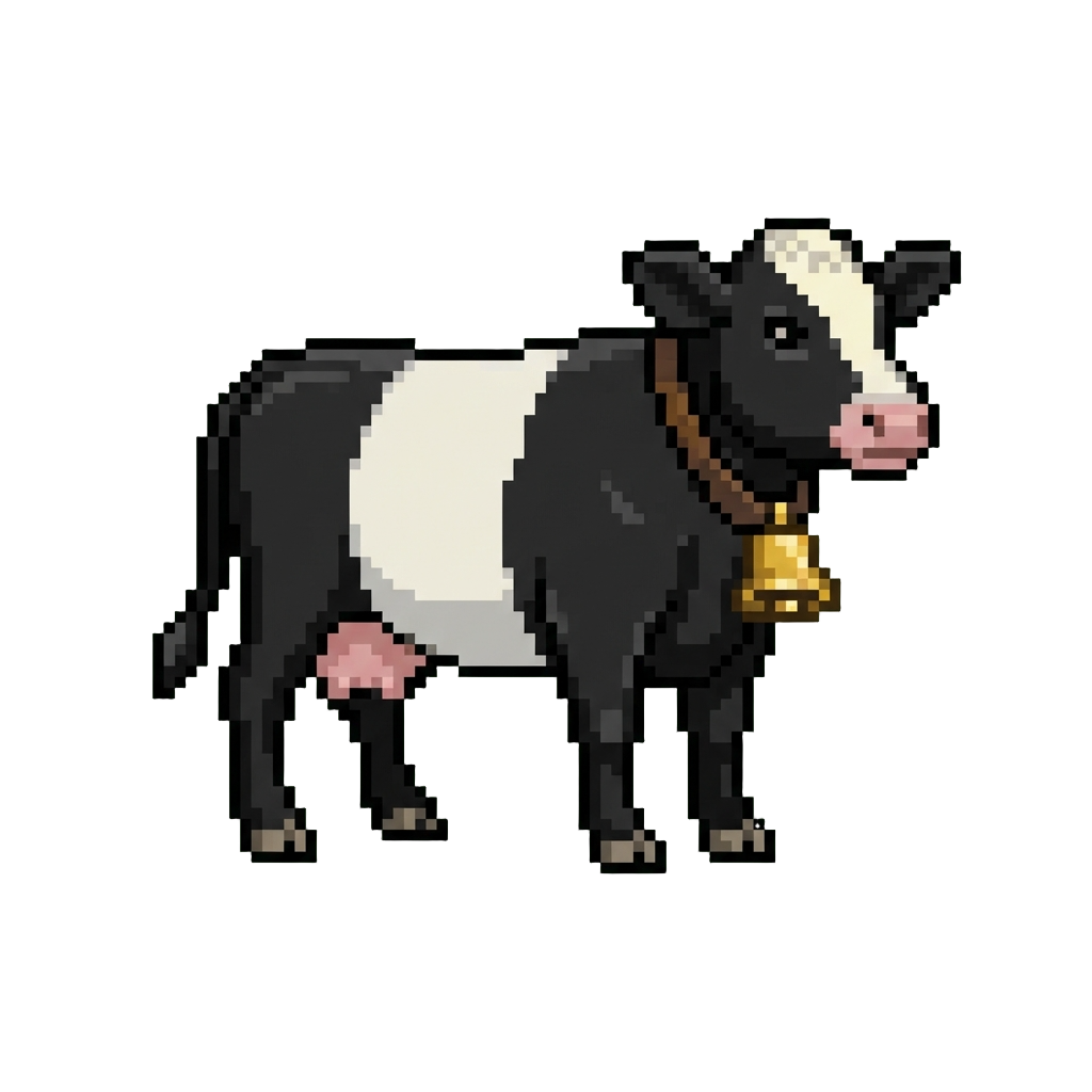 A Spotted Dutch Belted Cow Wearing a Brass Bell Necklace