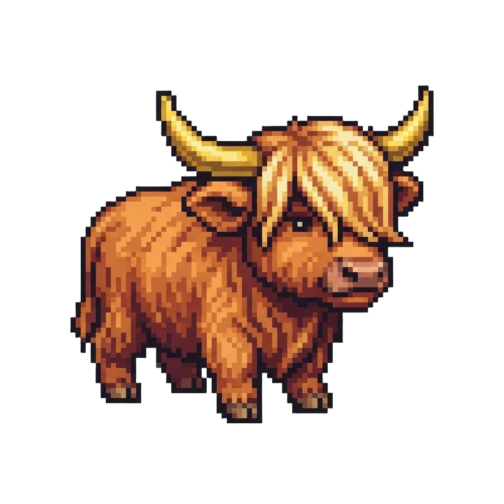 A Golden-horned Highland Cow with Flowing Silk-like Fringe