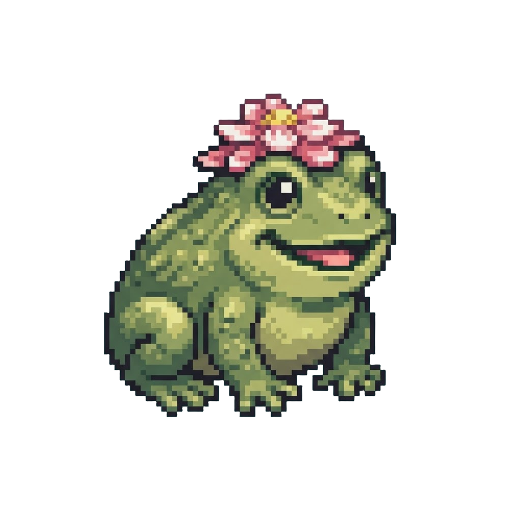 A Small Happy Prehistoric Frog Wearing a Flower Cap