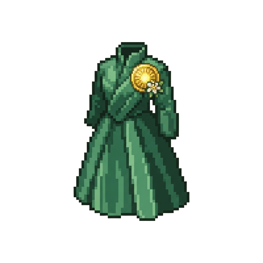 A Golden Pollen Brooch and Elegant Gown
