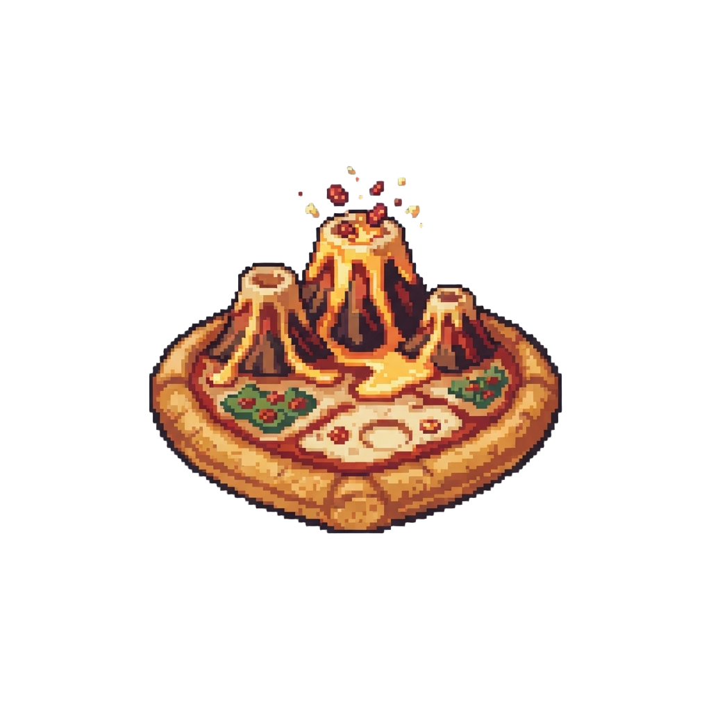 A Pizza Land with Pizza Volcanoes and Cheese Lava