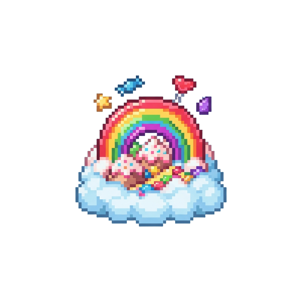 A Sweet Heaven with Flying Sweets and Giant Gummy Rainbows