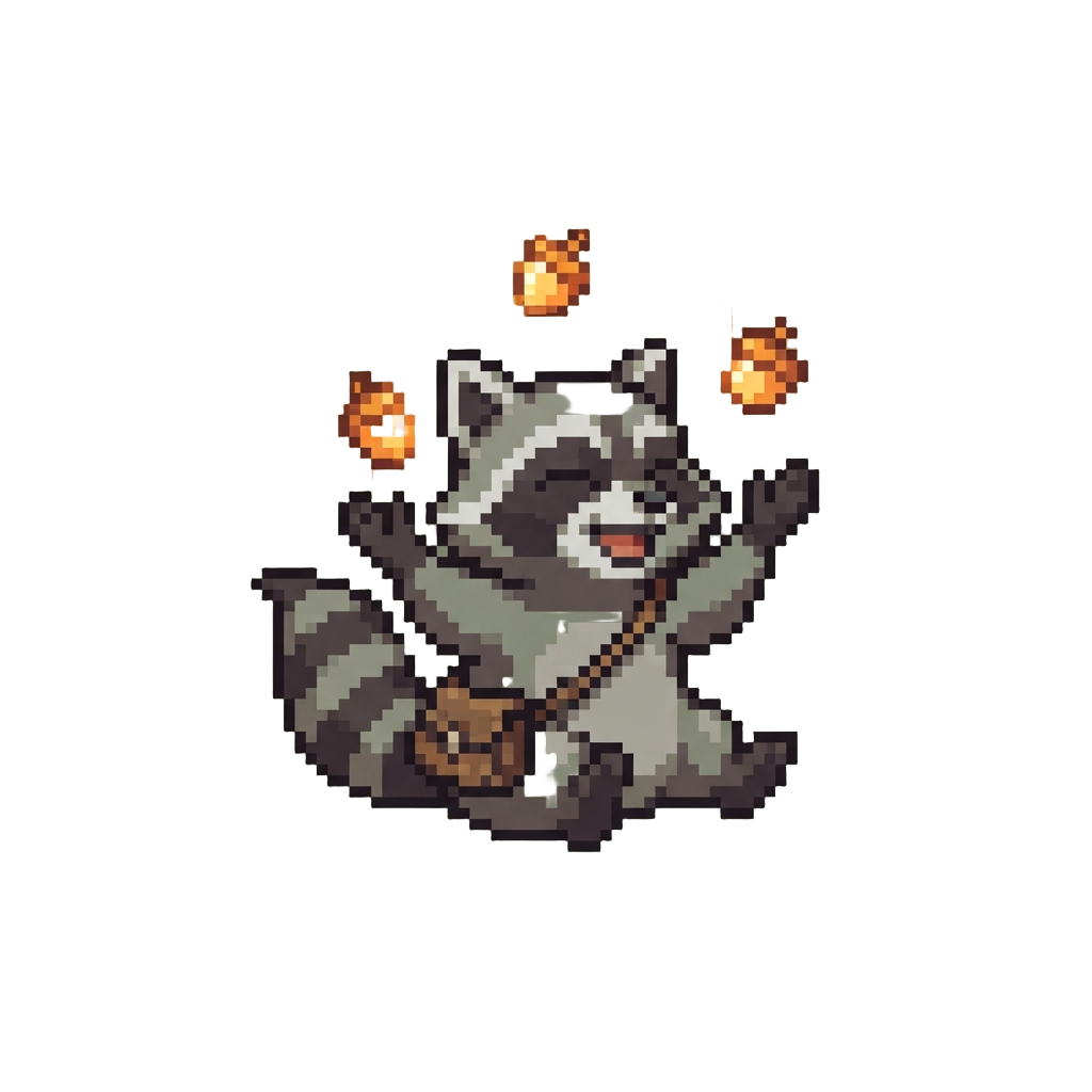 A Goofy Raccoon Juggling Glowing Acorns