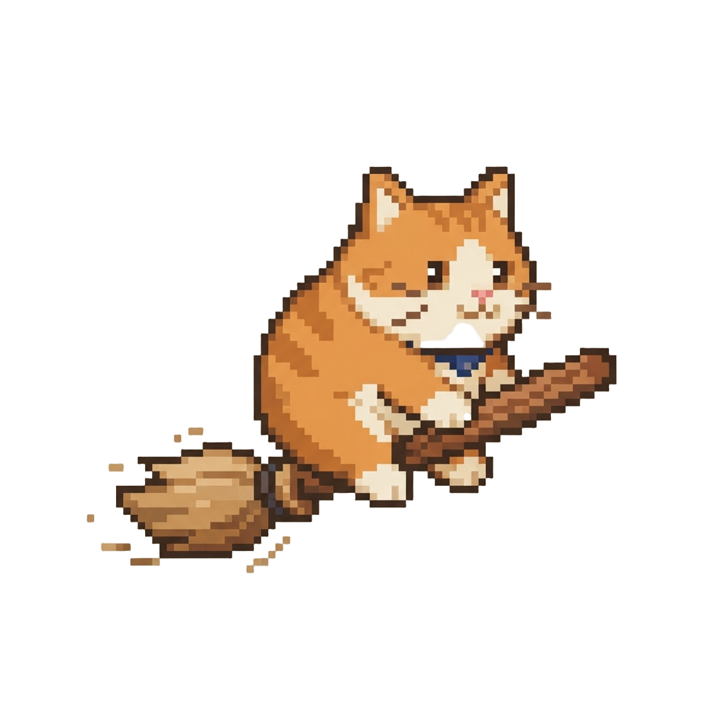 A Chubby Cat Riding a Tiny Broomstick