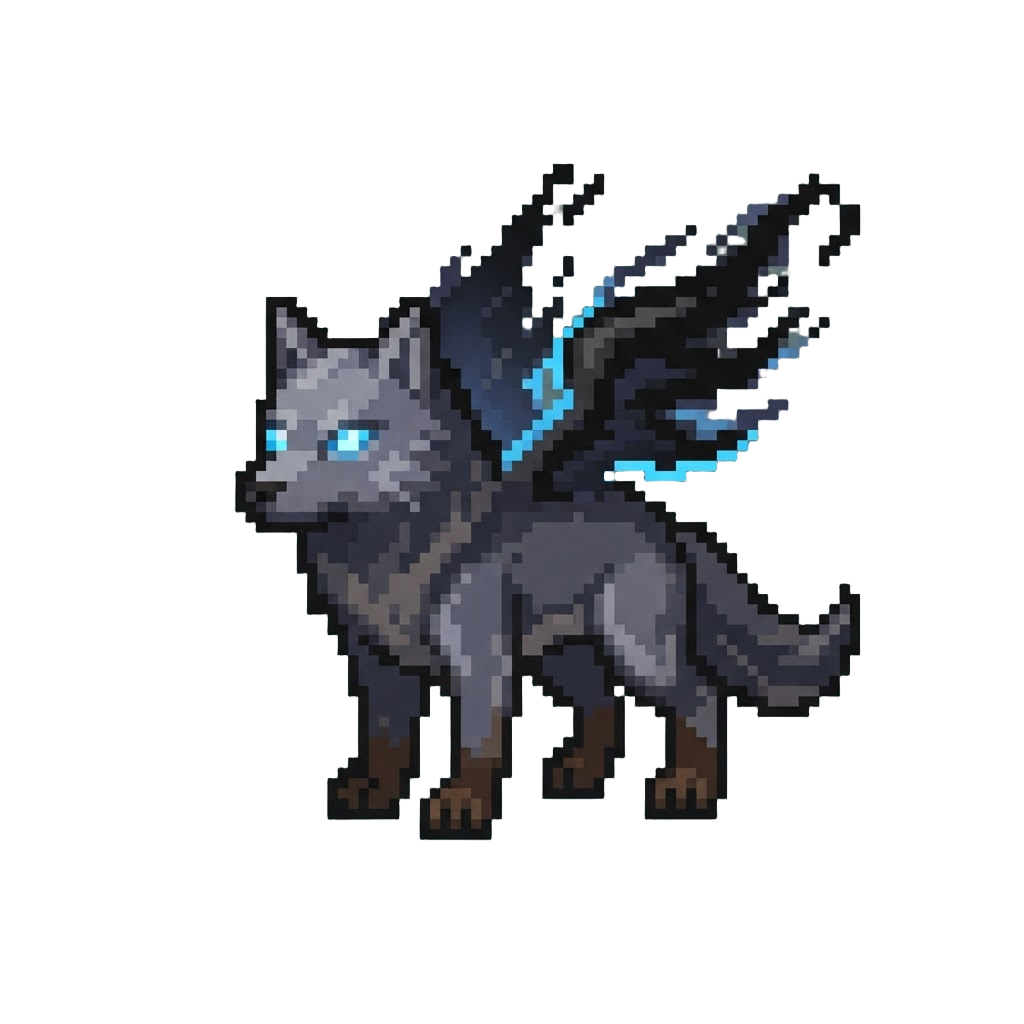 A Shadow-winged Timber Wolf with Glowing Blue Eyes