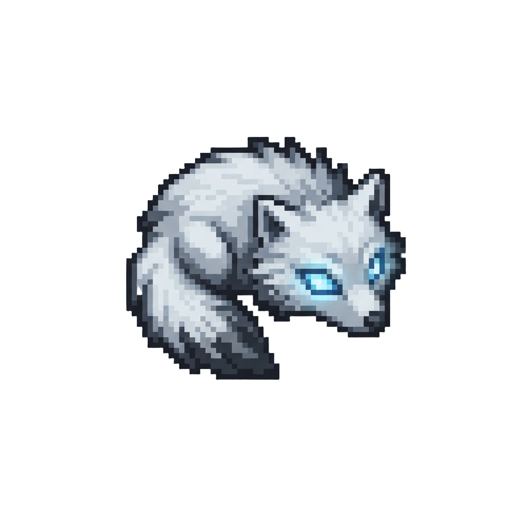 Silver-tipped White Fur with Glowing Icy Blue Eyes