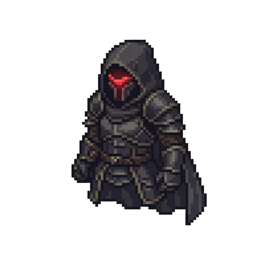 A Dark-plated Rogue Armor Set with Glowing Red Visor