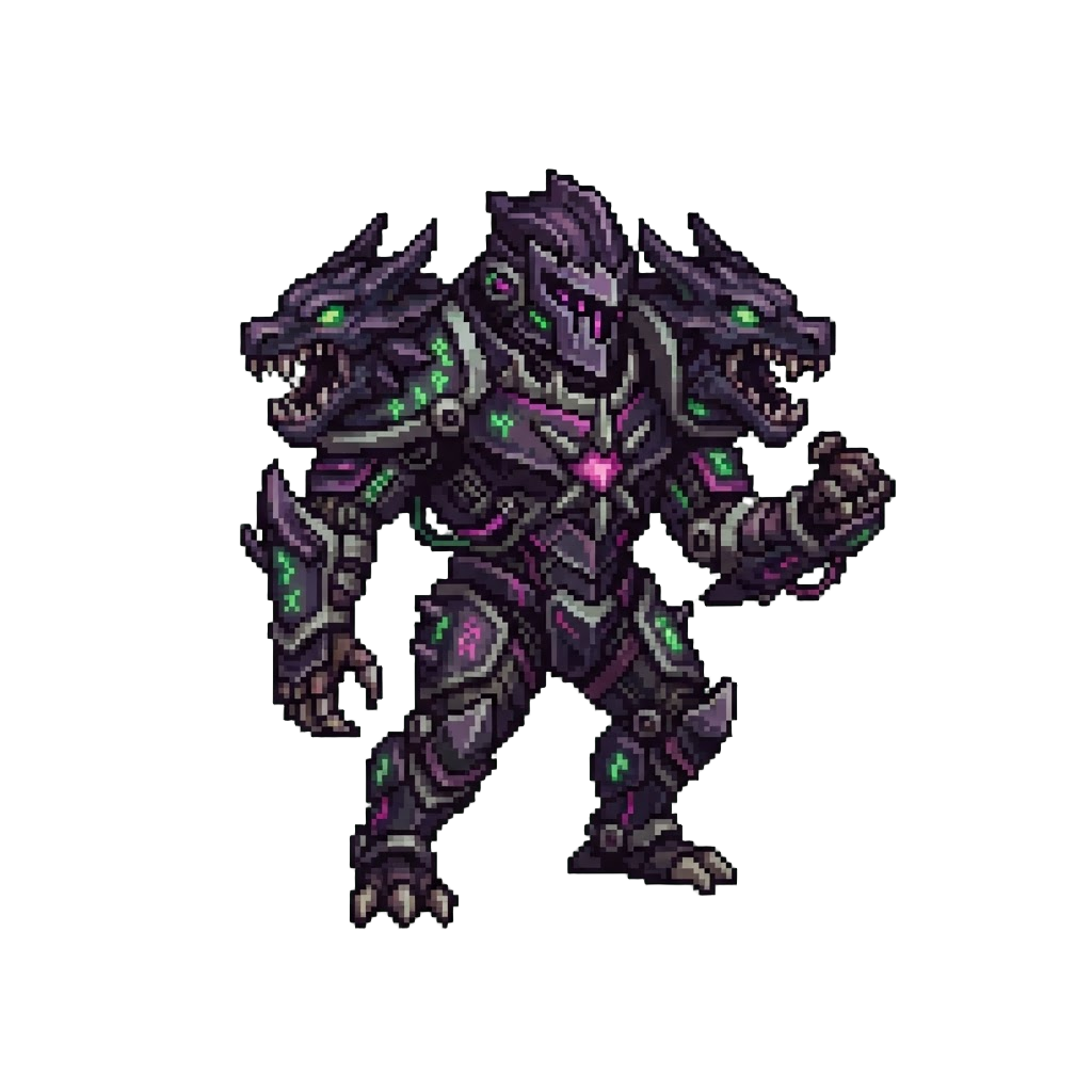 A Chaotic Void-drake Mech Armor with Jagged Dragon-headed Shoulder Pads