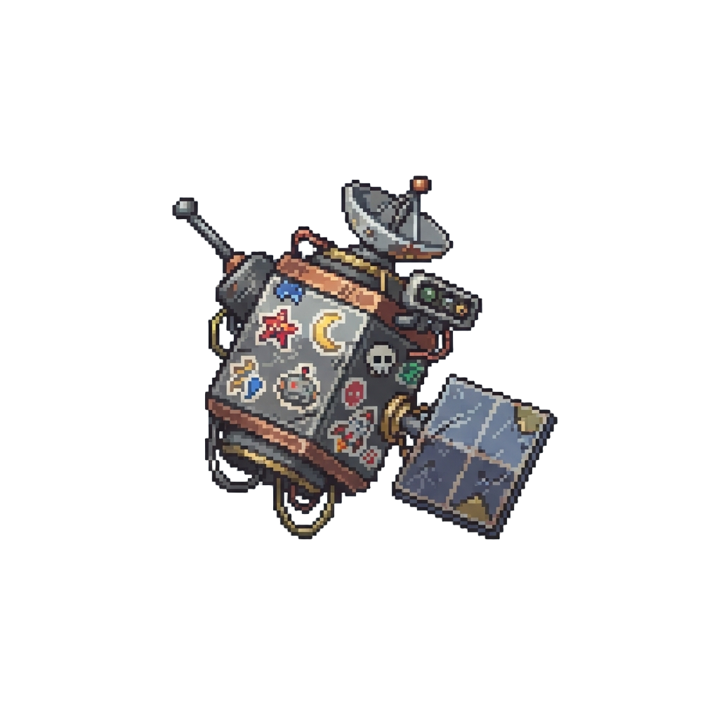 A Floating Space-junk Satellite Covered in Stickers