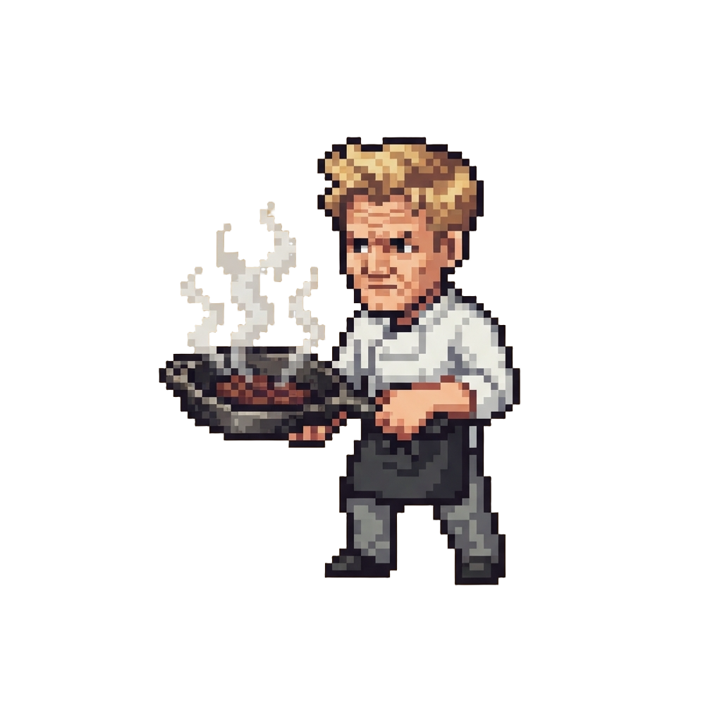 A Determined Gordon Ramsay Holding a Smoking Cast Iron Skillet