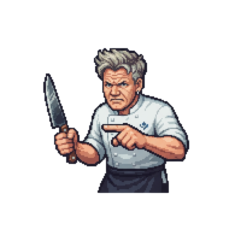 A Dynamic Gordon Ramsay Pointing Fiercely with a Chef Knife