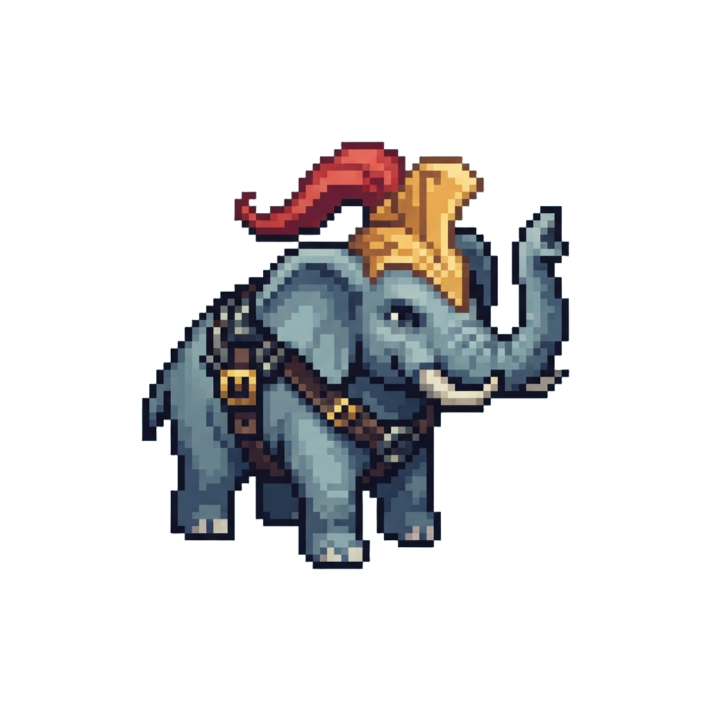 A Heroic Crested Elephant Wearing a Dark Harness