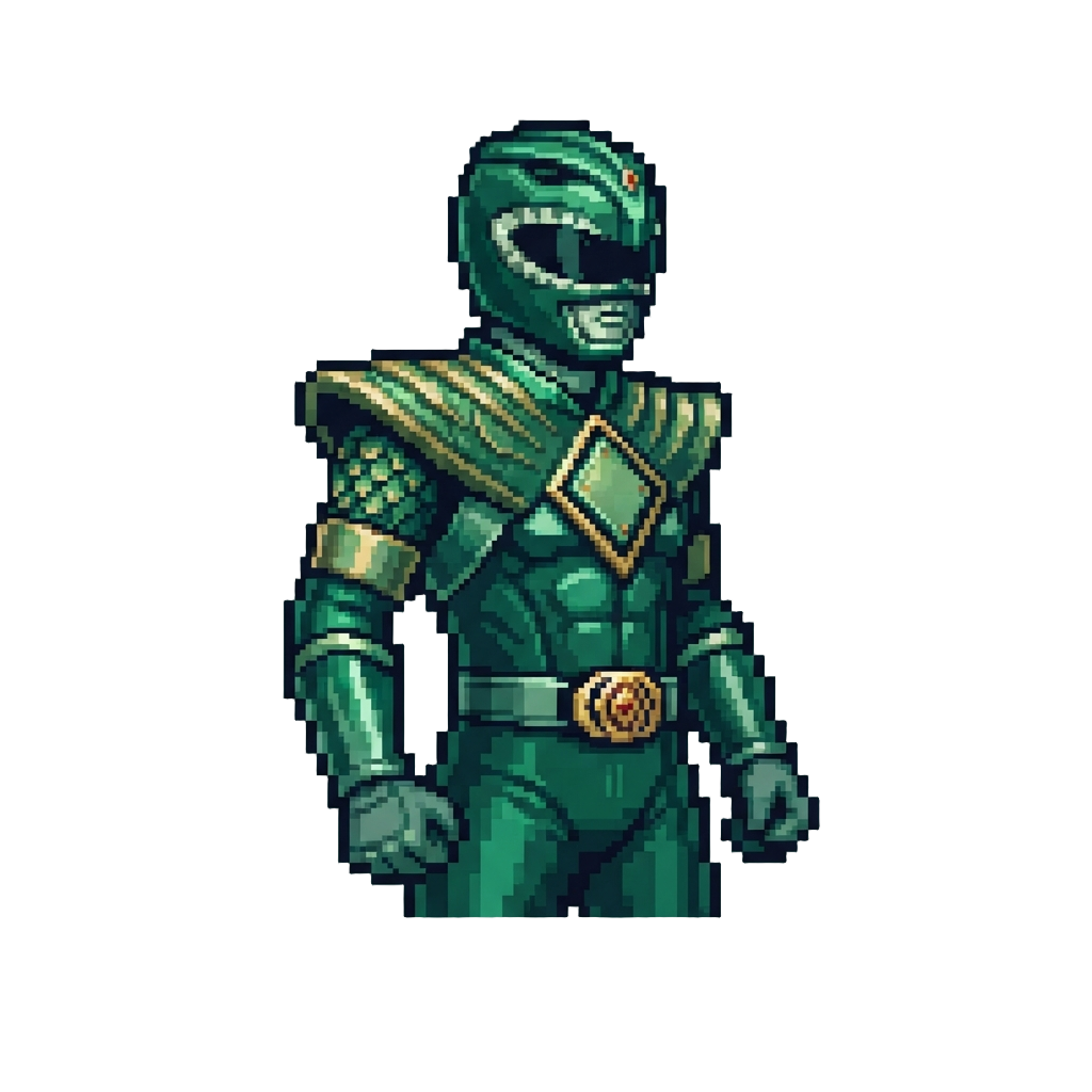 A Gleaming Emerald Green Ranger Suit with Dragon-scale Shoulder Pads and a Golden Morpher