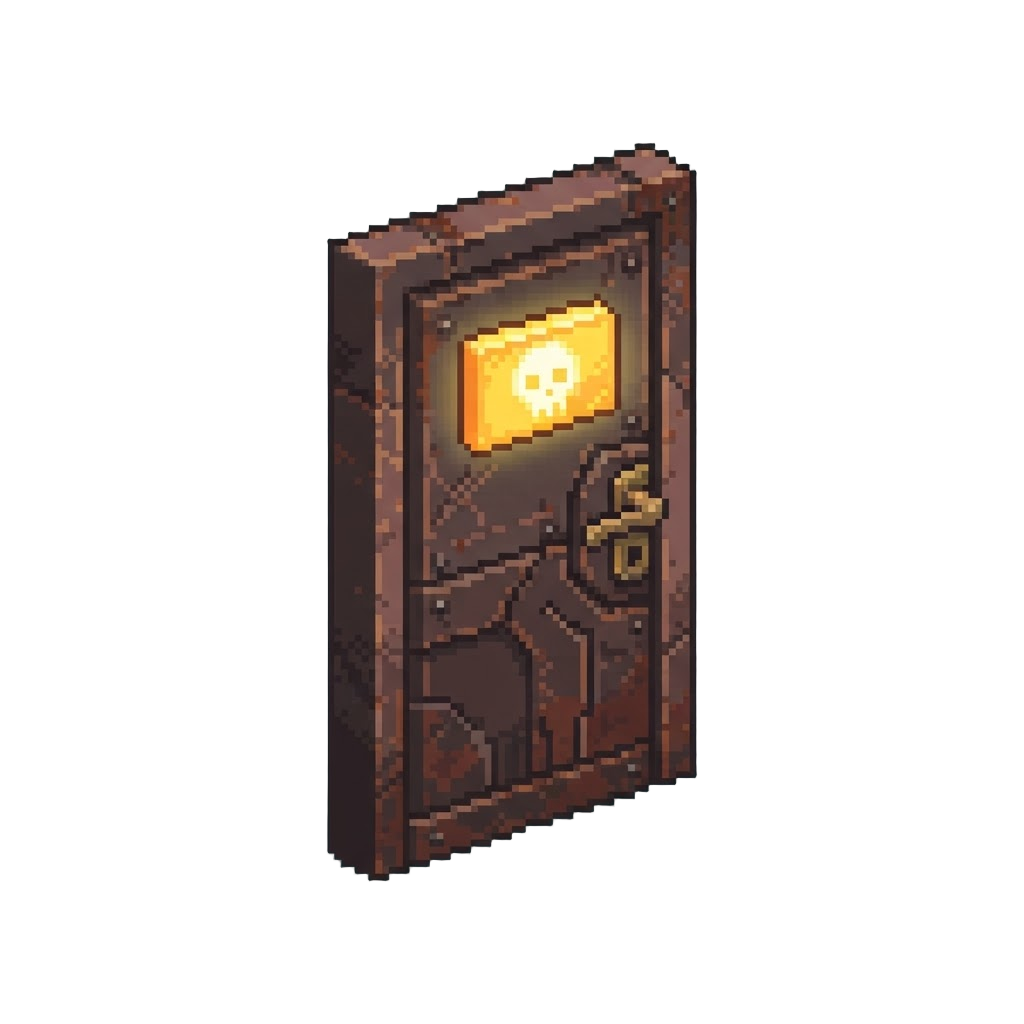 A Rusty Steel Door with a Glowing Sign