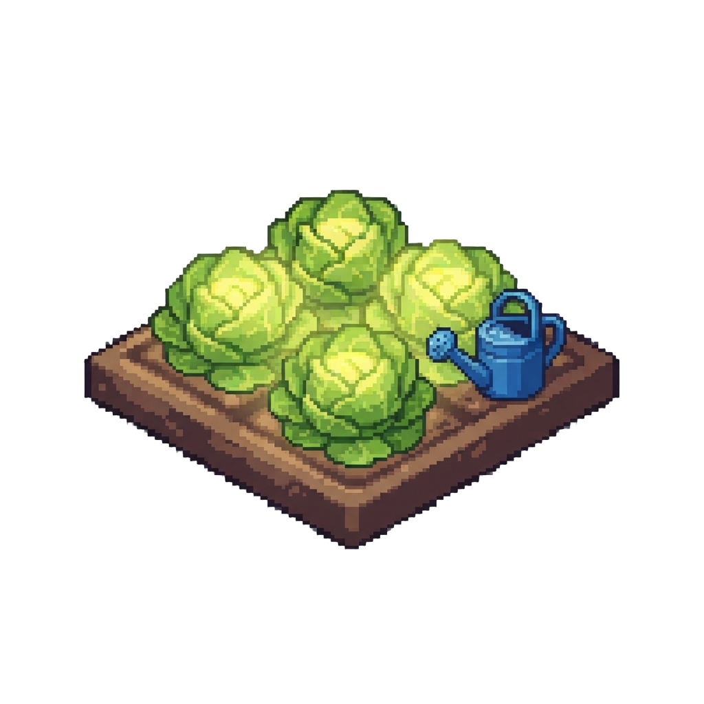 A Serene Garden Bed of Glowing Giant Cabbages with a Watering Can