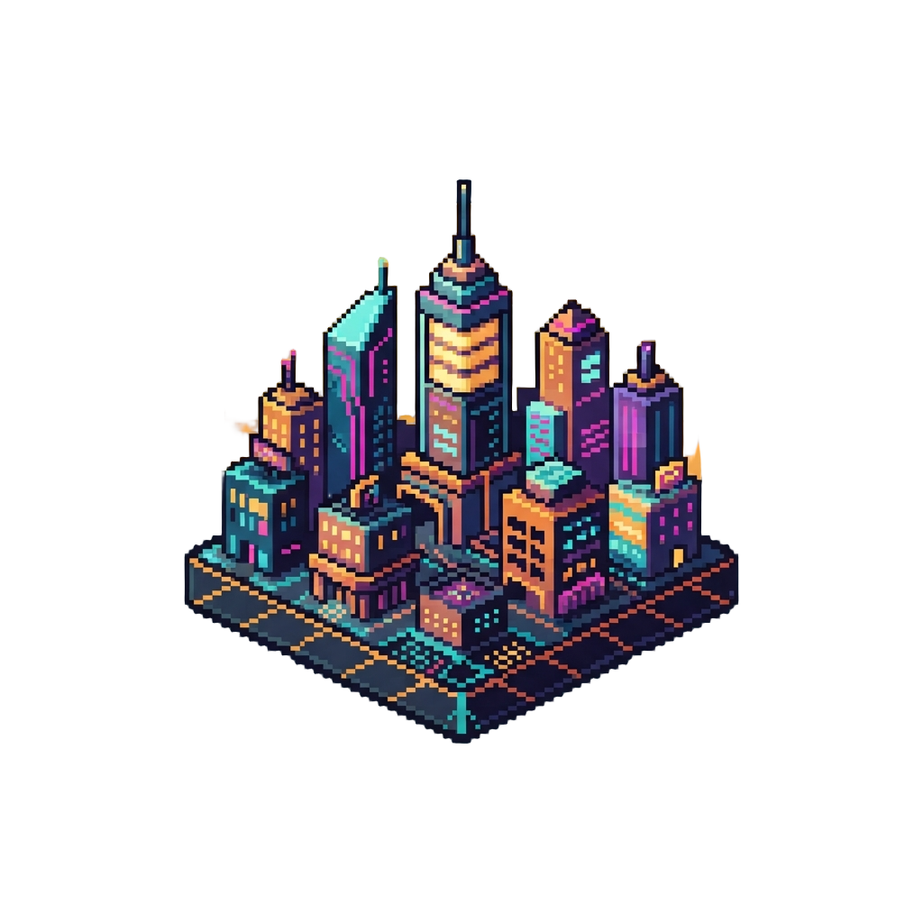 A Retro Synthwave Metropolis with Geometric Grids and Golden Sunset Skies