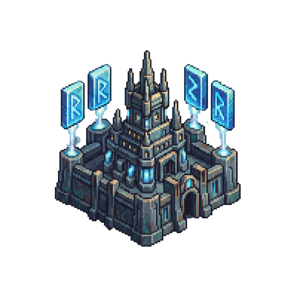 An Ancient Magitech Citadel Anchored by Massive Floating Glowing Runes