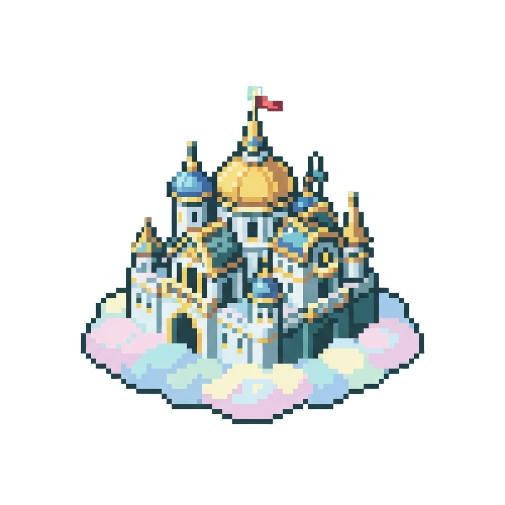 A Vibrant Anime-style Celestial Palace Floating Above Pastel Cloud Seas
