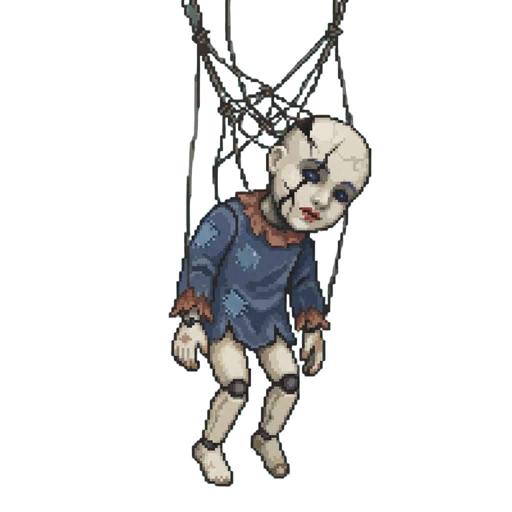 A Cracked Porcelain Puppet Dangling From Tangled Puppet Wires