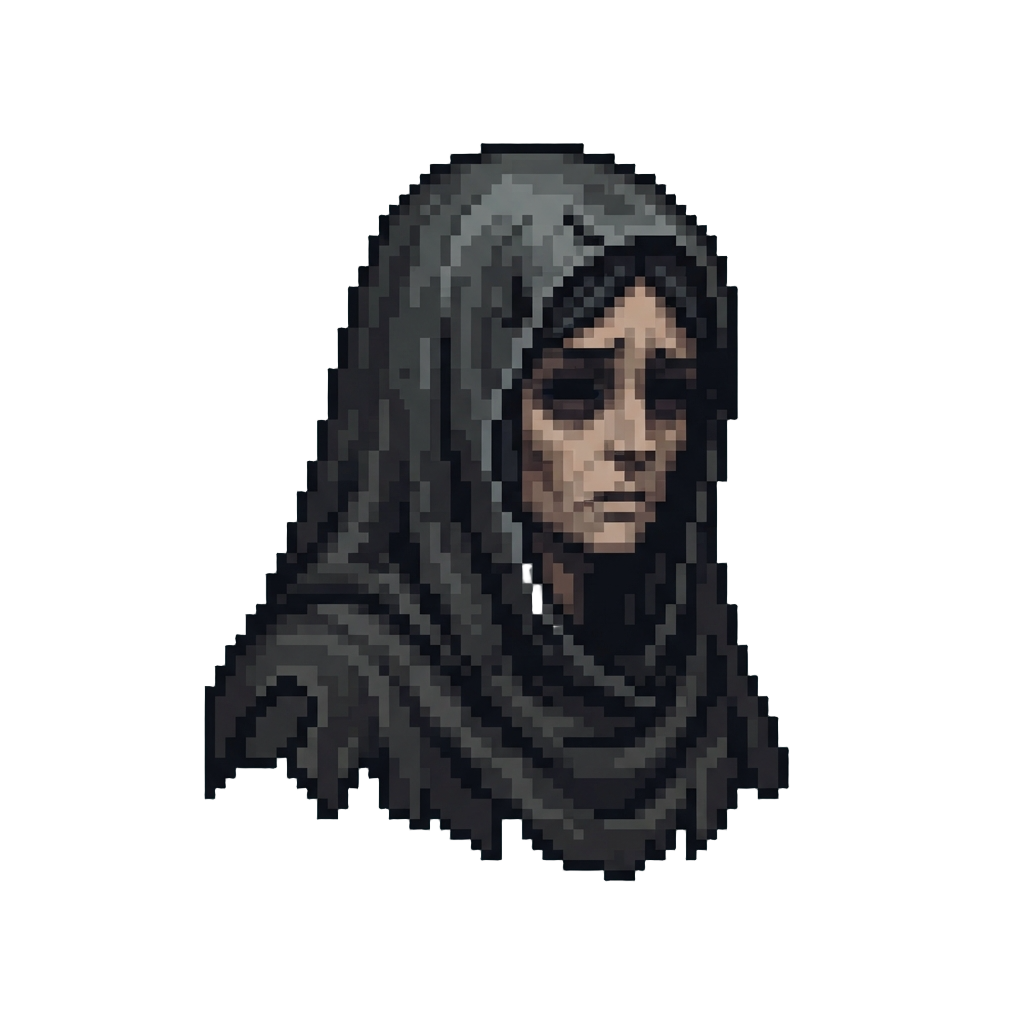 A Tattered Black-veiled Widow with Hollow Sunken Eye Sockets