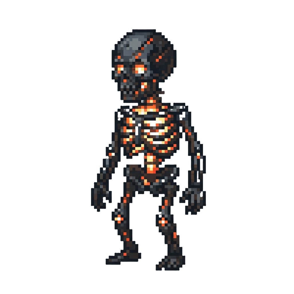 A Charred Humanoid Skeleton Burning with White-hot Internal Embers