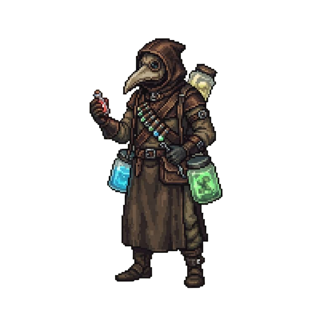 An Aproned Plague Surgeon Laden with Glowing Specimen Jars