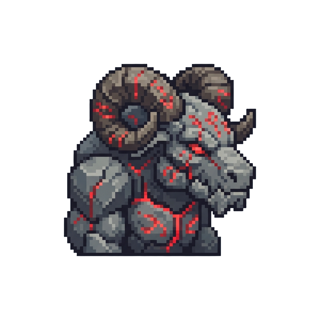 A Monolithic Horned Stone Beast with Glowing Red Runic Cracks