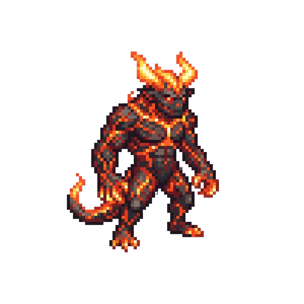 A Towering Molten Demon with Burning Charcoal Skin and Lava Horns