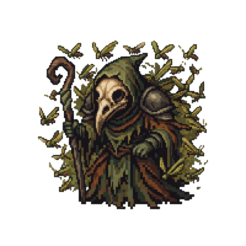 A Bird-skulled Pestilence Lord Shrouded in Locust Clouds