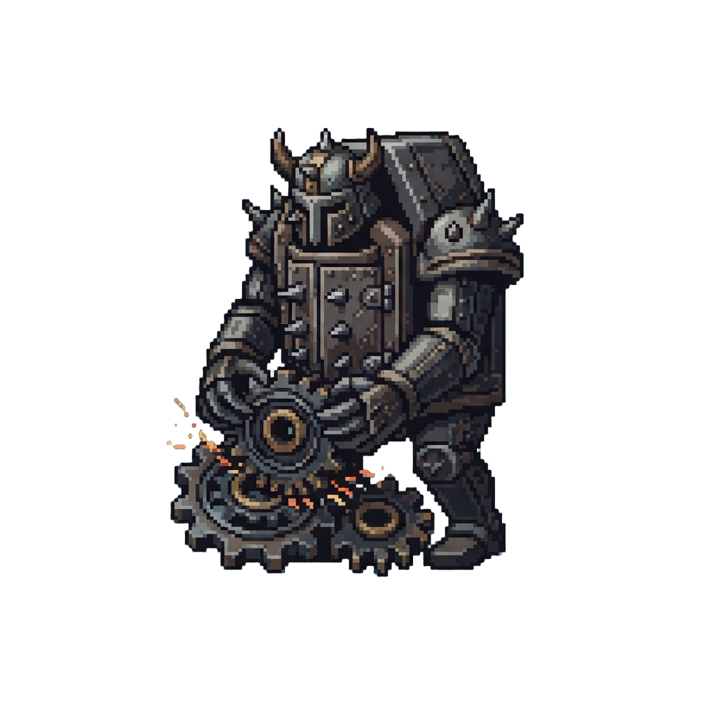 An Iron-maiden Colossus Grinding Spiked Gears As It Strikes the Pose