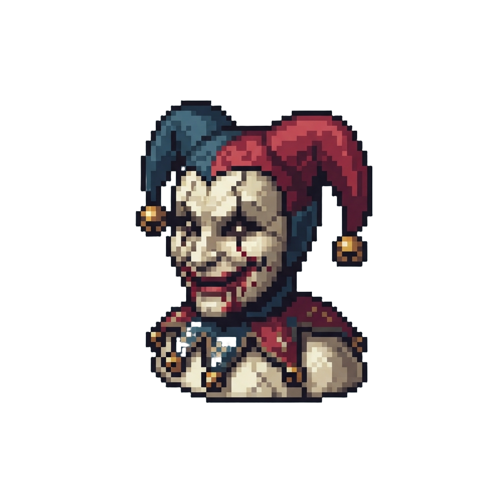 A Shadowy Porcelain Jester Sporting an Unnatural Bloody Smile