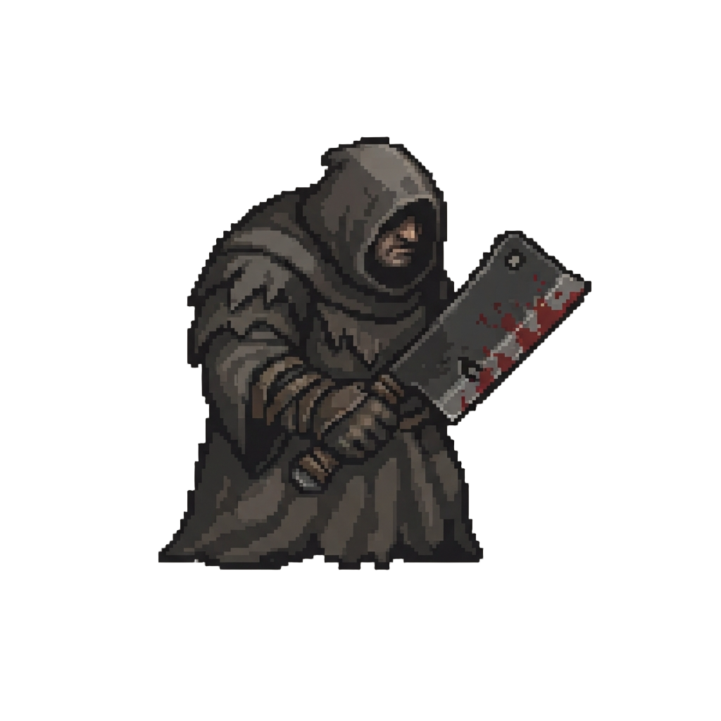 A Massive Bloodstained Hooded Torturer Wielding a Notched Cleaver